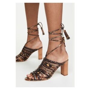 Ulla Johnson Rayna snake print leather lace up high heeled sandals wrap tassels